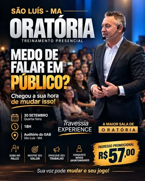 Cartaz de curso de oratória em São Luís com data, local e preço
